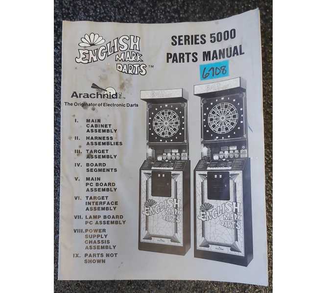 ARACHNID ENGLISH MARK DARTS Arcade Game PARTS MANUAL #6708 