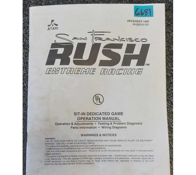 ATARI SAN FRANCISCO RUSH EXTREME RACING SIT-IN Arcade Game OPERATION MANUAL #6681