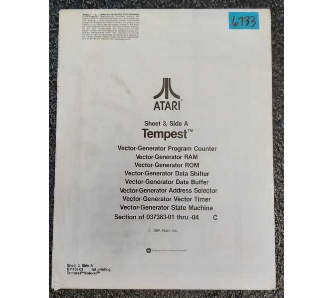 ATARI TEMPEST Arcade Game SCHEMATICS #6733 