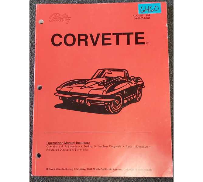 BALLY CORVETTE Pinball Machine OPERATIONS Manual #6460 