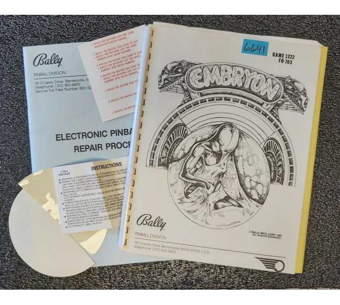 BALLY EMBRYON Pinball Machine MANUAL & MISC. #6641 