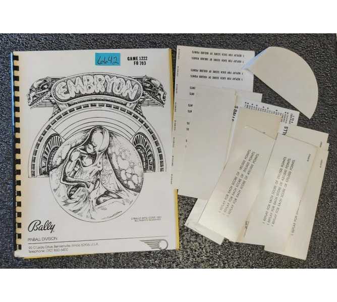 BALLY EMBRYON Pinball Machine MANUAL & MISC. #6642 