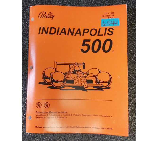 BALLY INDIANAPOLIS 500 Pinball Game OPERATIONS MANUAL #6544  