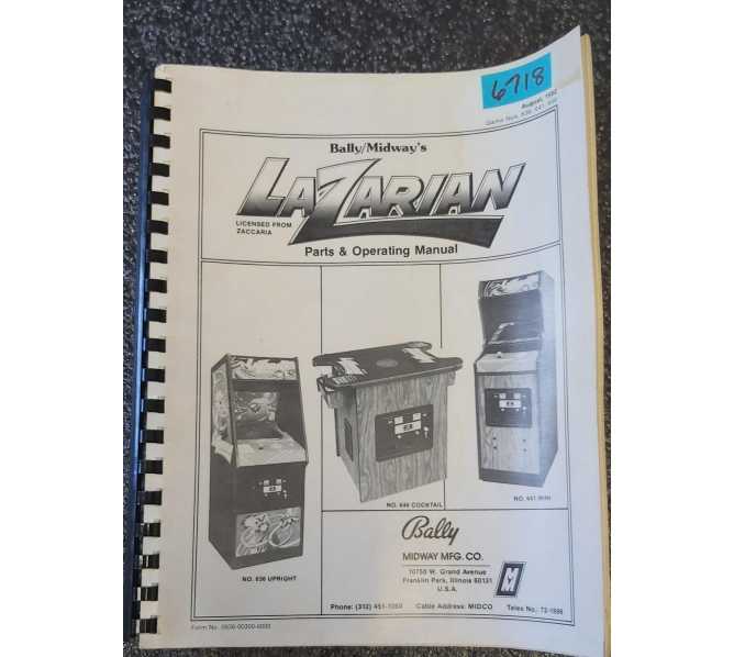 BALLY LAZARIAN Arcade Game PARTS & OPERATING MANUAL #6718