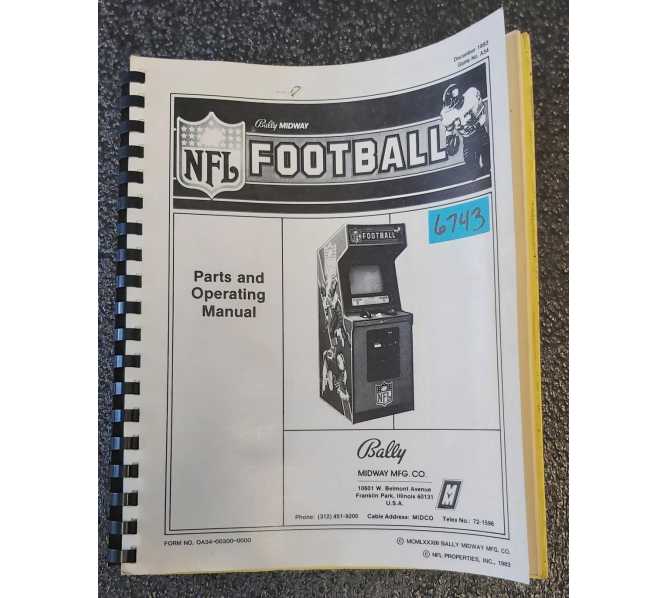 BALLY NFL FOOTBALL Arcade Game PARTS and OPERATING MANUAL #6743