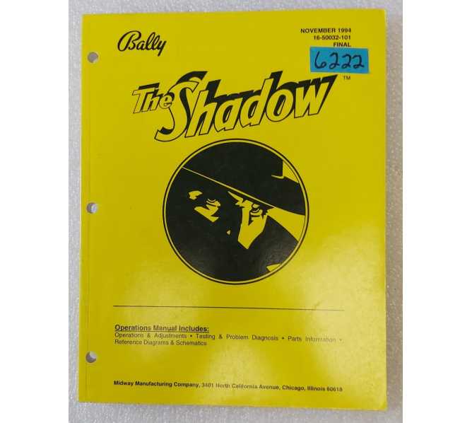 BALLY THE SHADOW Pinball OPERATIONS MANUAL #6222  