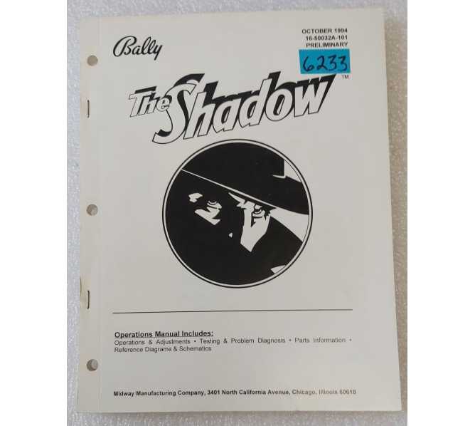 BALLY THE SHADOW Pinball OPERATIONS MANUAL #6233