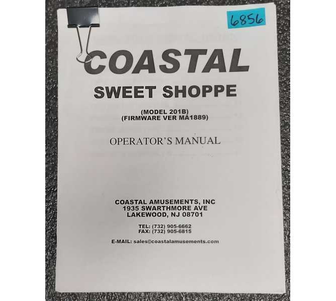 COASTAL SWEET SHOPPE MODEL 201B Arcade Game OPERATOR'S Manual #6856  