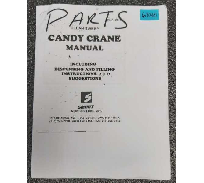 CRANE CLEAN SWEEP CANDY Crane Arcade Machine Manual #6840 