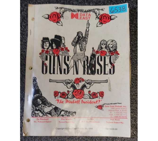 DATA EAST GUNS 'N ROSES Pinball Game MANUAL #6538 