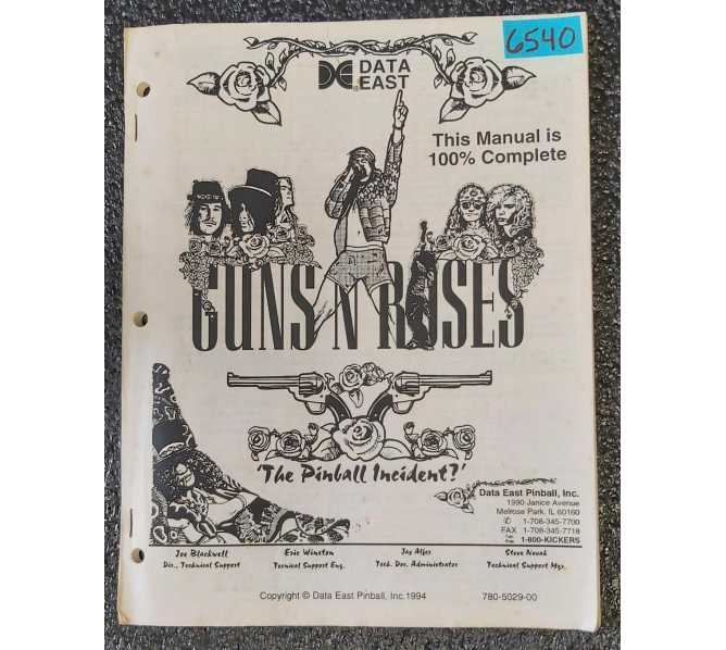 DATA EAST GUNS 'N ROSES THE PINBALL INCIDENT? Pinball Game MANUAL #6540 