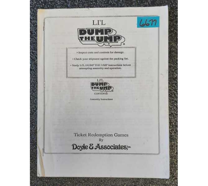 DOYLE & ASSOC. LI'L DUMP THE UMP Ticket Redemption Machine MANUAL #6677  