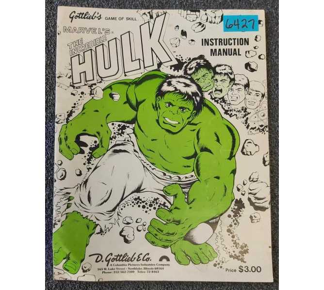 GOTTLIEB THE INCREDIBLE HULK Pinball Game INSTRUCTION Manual #6427  