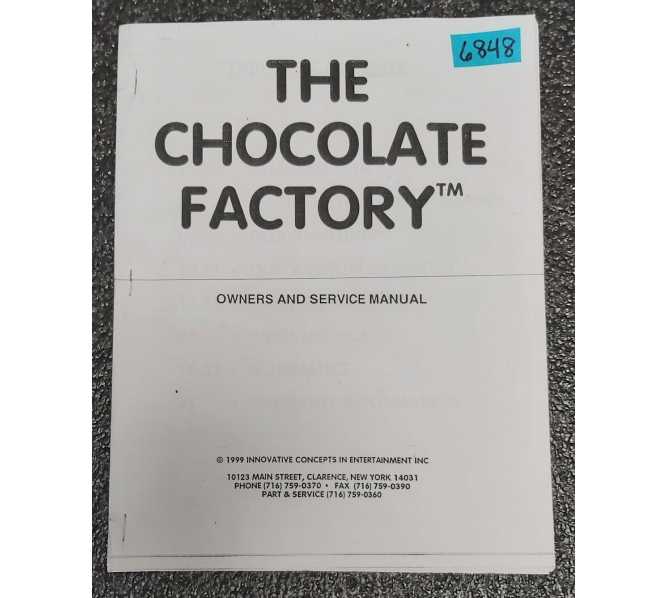 ICE THE CHOCOLATE FACTORY Crane Arcade Game OWNER'S and SERVICE Manual #6848  