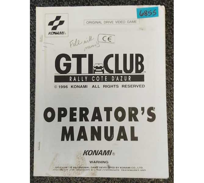 KONAMI GTI CLUB Arcade Game OPERATOR'S Manual #6855 