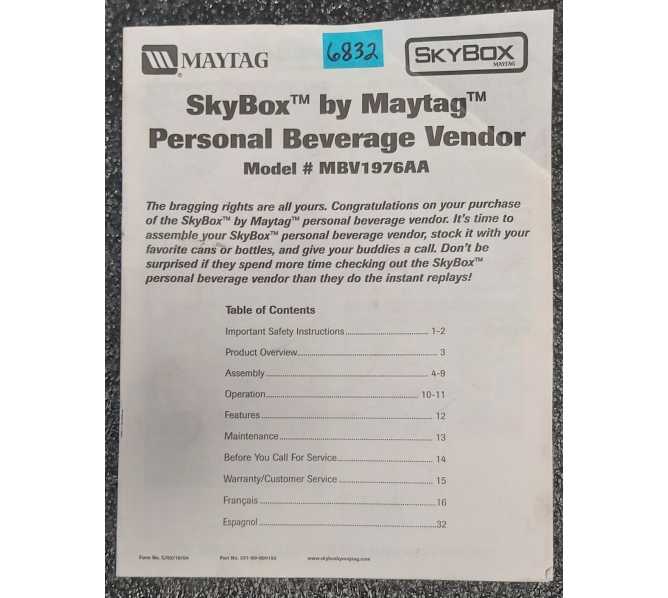 MAYTAG SKYBOX PERSONAL BEVERAGE VENDOR #MBV1976AA Manual #6832 