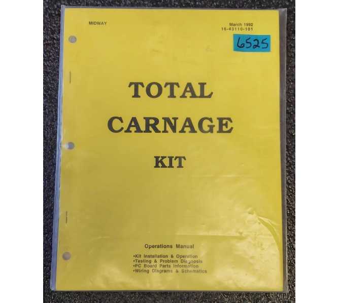 MDWAY TOTAL CARNAGE KIT Arcade Game Operations Manual #6525 