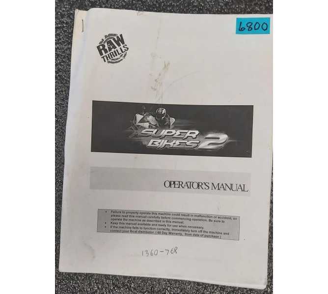 RAW THRILLS SUPER BIKES 2 Arcade Game OPERATOR'S MANUAL #6800  