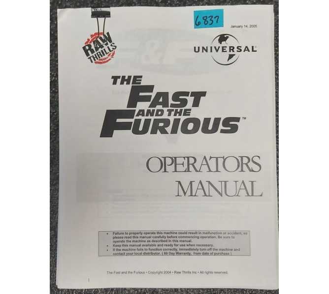 RAW THRILLS THE FAST and THE FURIOUS Arcade Game OPERATOR'S Manual #6837