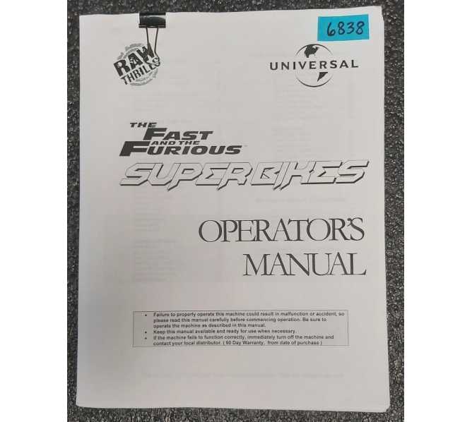 RAW THRILLS THE FAST and THE FURIOUS SUPER BIKES Arcade Game OPERATOR'S Manual #6838