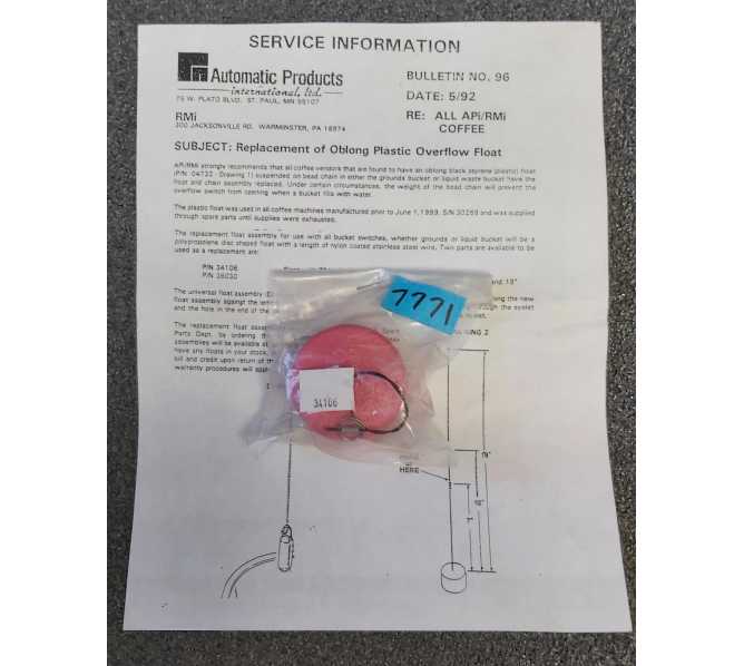 RMI COFFEE Vending Machine OBLONG PLASTIC OVERFLOW FLOAT #34106 (7771) w 7 inch lead 