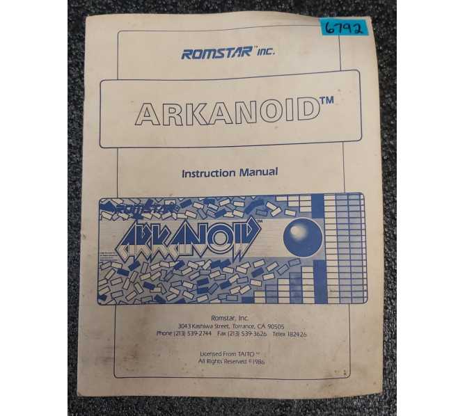 ROMSTAR ARKANOID Arcade Game INSTRUCTION MANUAL #6792 