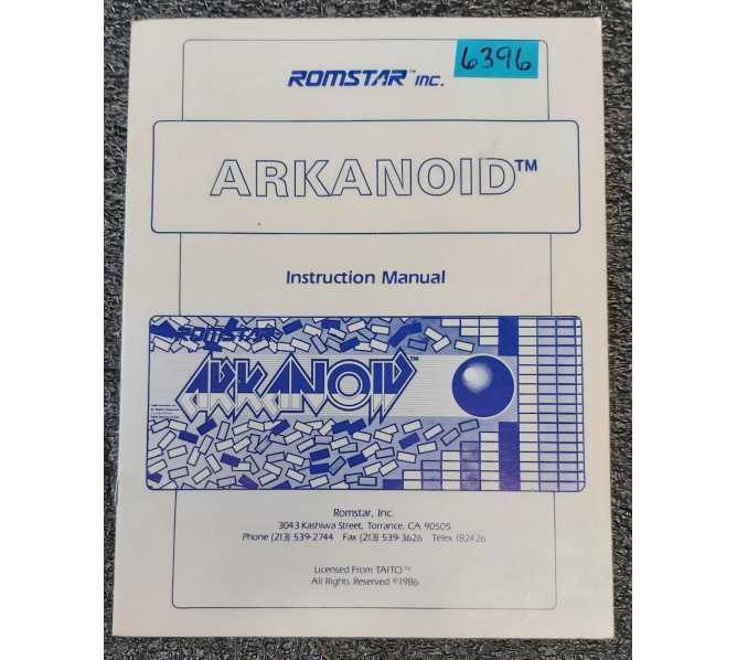 ROMSTAR ARKANOID Arcade Machine INSTRUCTION Manual #6396 