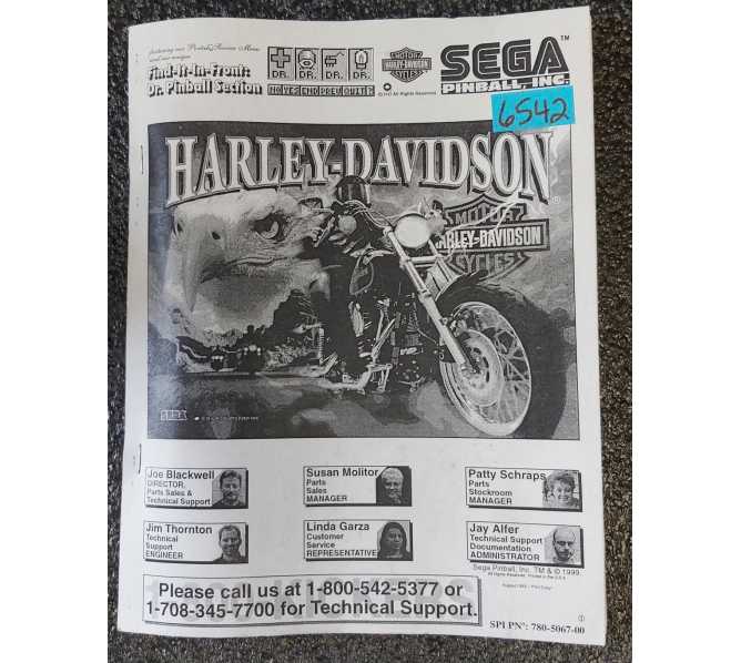 SEGA HARLEY - DAVIDSON Pinball Game MANUAL #6542