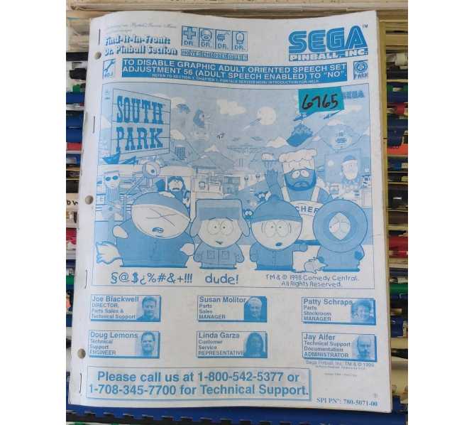 SEGA SOUTH PARK Pinball Machine MANUAL #6765  