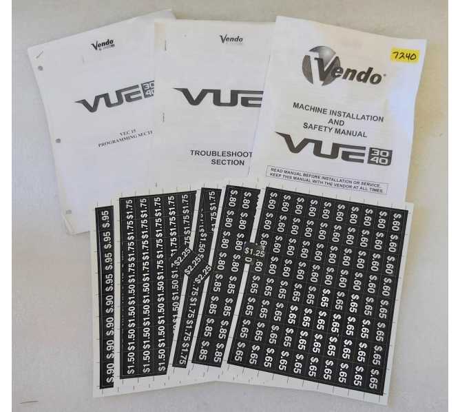 VENDO VUE 30/40 GLASS FRONT DRINK Vending Machine MANUALS & PRICE LABELS #7240 - FREE SHIPPING