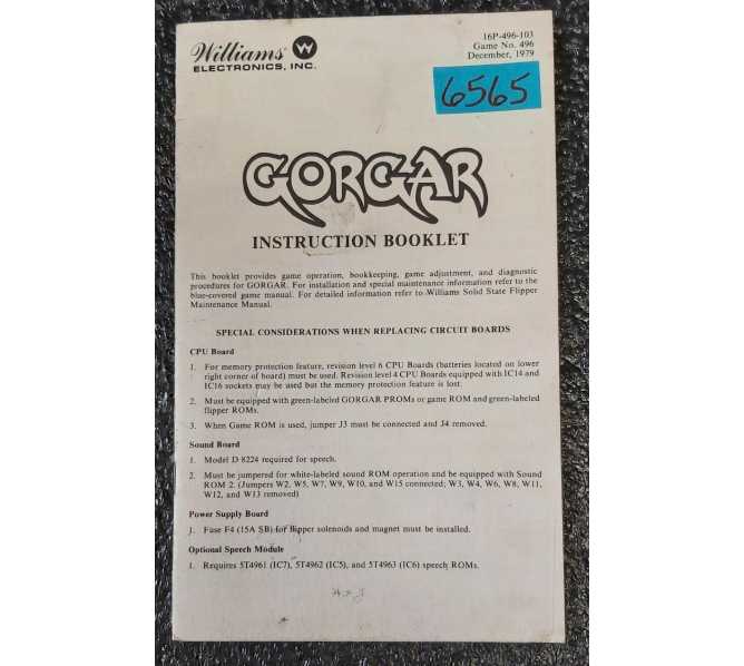 WILLIAMS GORGAR Pinball Machine INSTRUCTION BOOKLET #6565