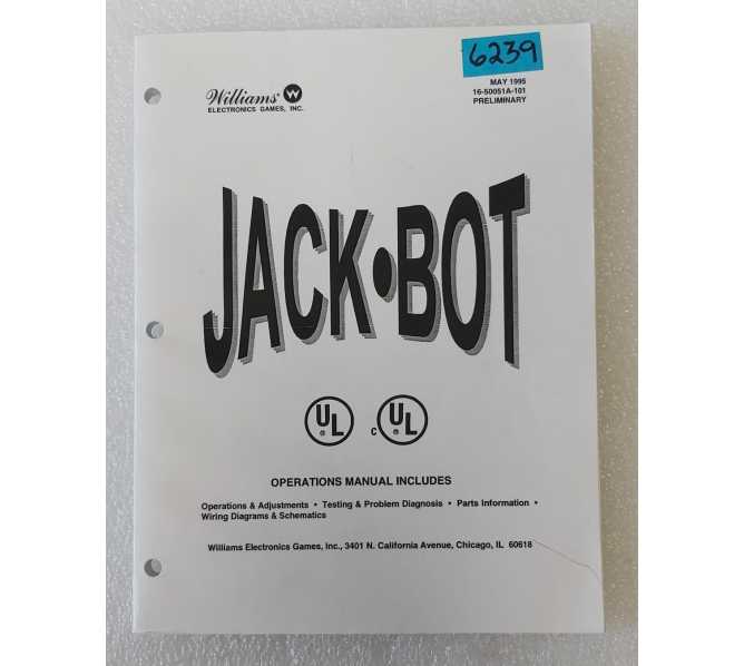 WILLIAMS JACKBOT Pinball OPERATIONS MANUAL #6239  