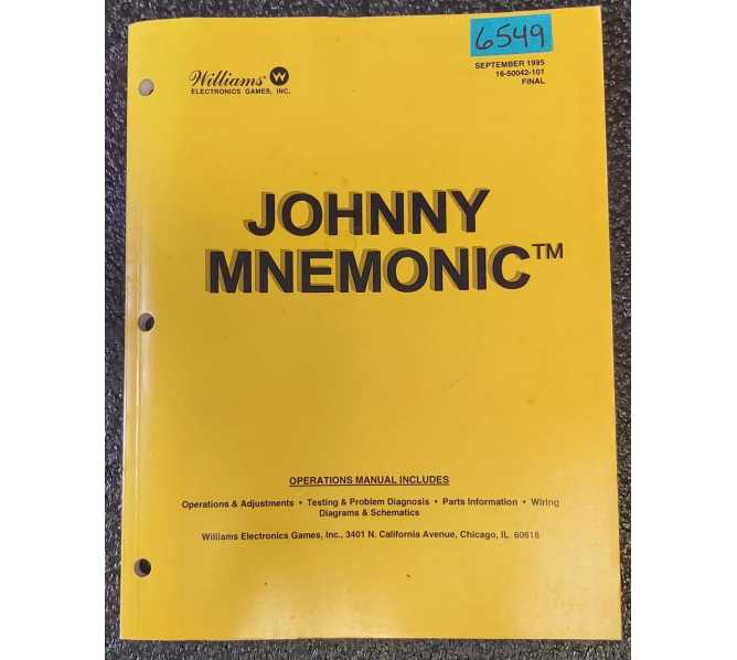 WILLIAMS JOHNNY MNEMONIC Pinball Game OPERATIONS MANUAL #6549 
