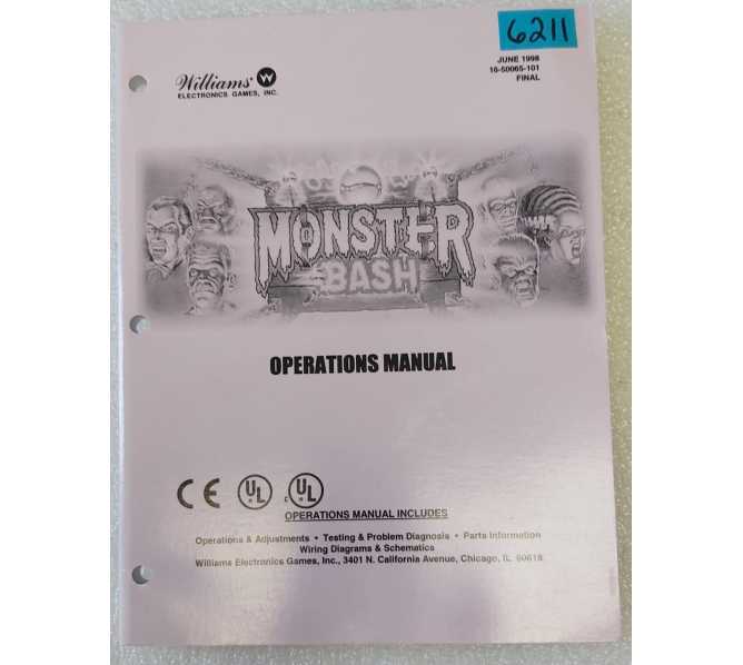 WILLIAMS MONSTER BASH Pinball OPERATIONS MANUAL #6211  