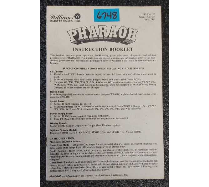 WILLIAMS PHARAOH Pinball Machine INSTRUCTION BOOKLET #6748 