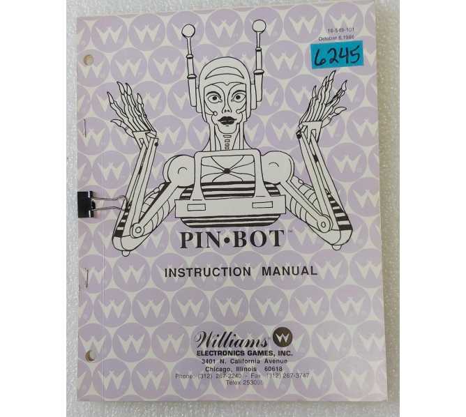 WILLIAMS PINBOT Pinball INSTRUCTION MANUAL #6245 