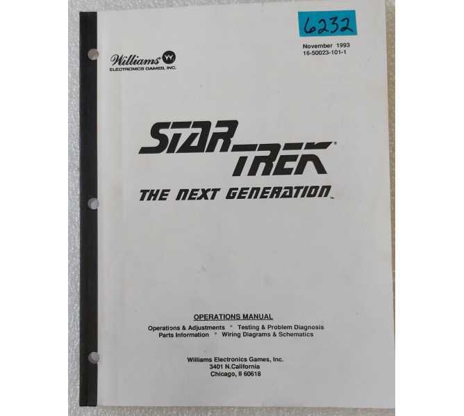 WILLIAMS STAR TREK THE NEXT GENERATION Pinball OPERATIONS MANUAL #6232  