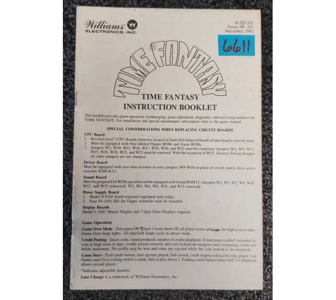 WILLIAMS TIME FANTASY Pinball Machine INSTRUCTION BOOKLET #6611 