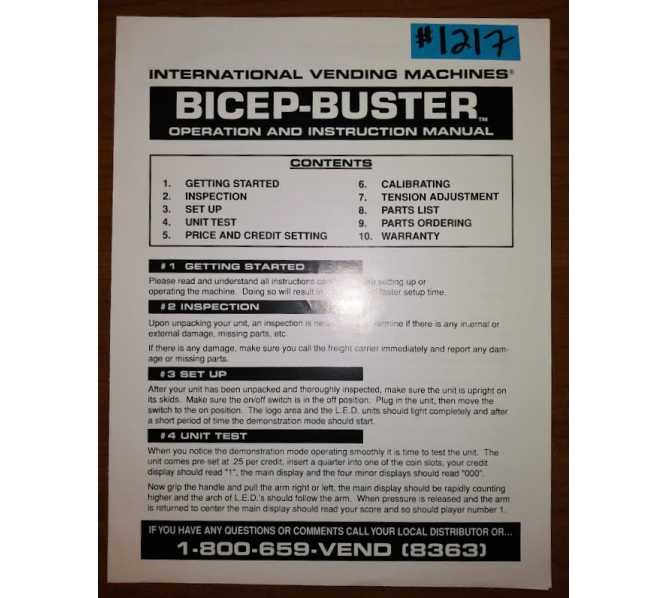 BICEP-BUSTER Arcade Machine Game OPERATION and INSTRUCTION MANUAL #1217 for sale 