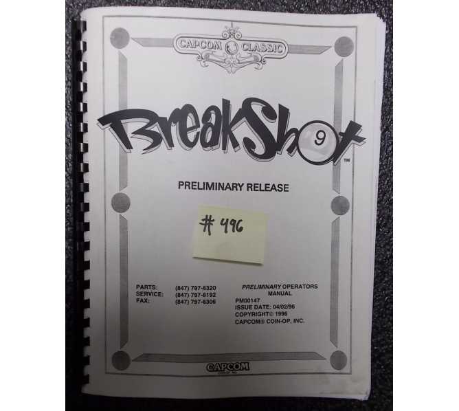 BREAKSHOT Pinball Machine Game Operator's Manual #496 for sale - CAPCOM 