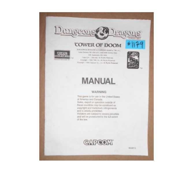 DUNGEONS & DRAGONS TOWER OF DOOM Arcade Machine Game MANUAL #1179 for sale  
