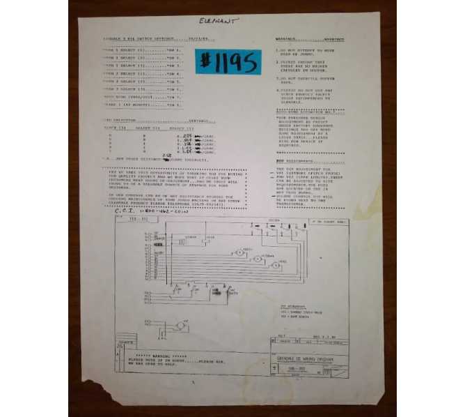 ELEPHANT Arcade Machine Game DIP SWITCH SETINGS, COIN SELECTION & WIRING DIAGRAM #1195 for sale 