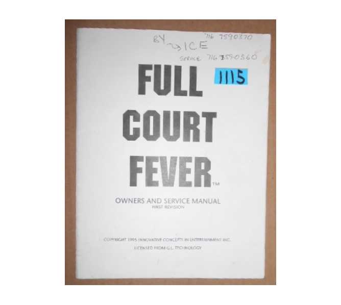 FULL COURT FEVER Arcade Machine Game OWNER'S and SERVICE MANUAL with SCHEMATICS #1115 for sale  