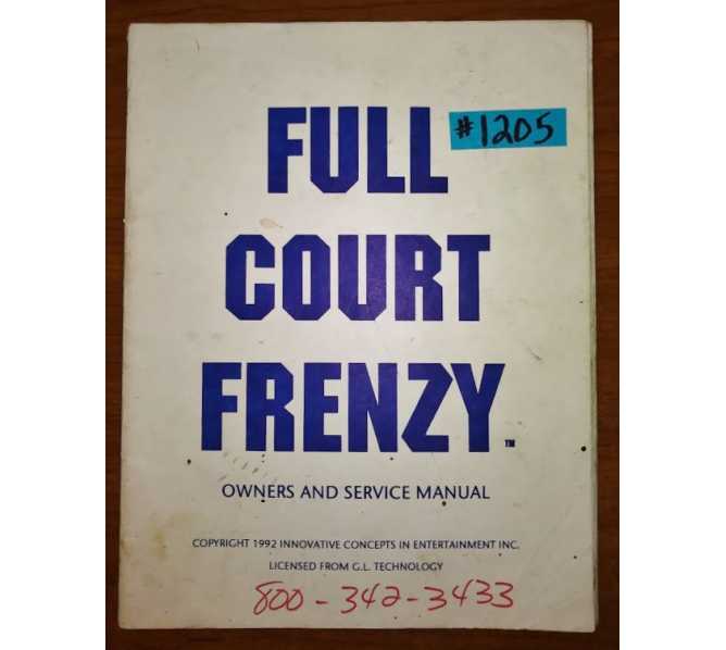 FULL COURT FRENZY Arcade Machine Game OWNER'S and SERVICE MANUAL #1205 for sale  
