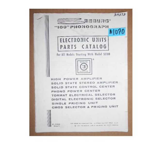 SEEBURG "100" PHONOGRAPH Jukebox ELECTRONIC UNITS PARTS CATALOG #1070 for sale 