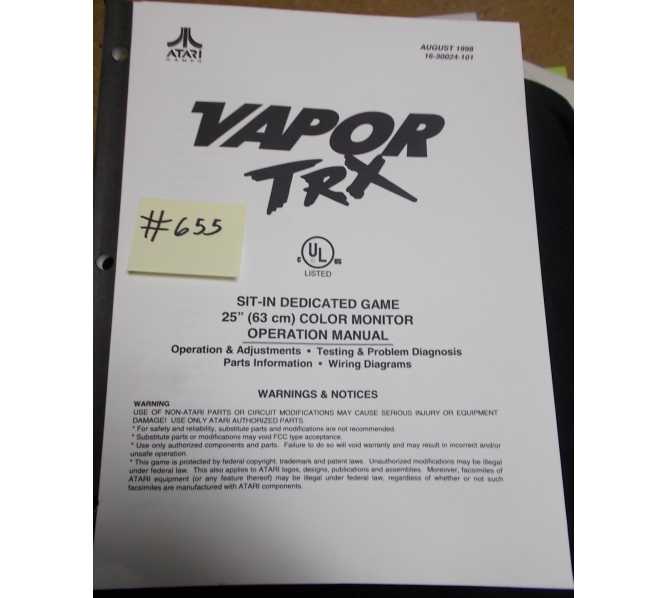 VAPOR TRX Arcade Machine Game OPERATION MANUAL #655 for sale  